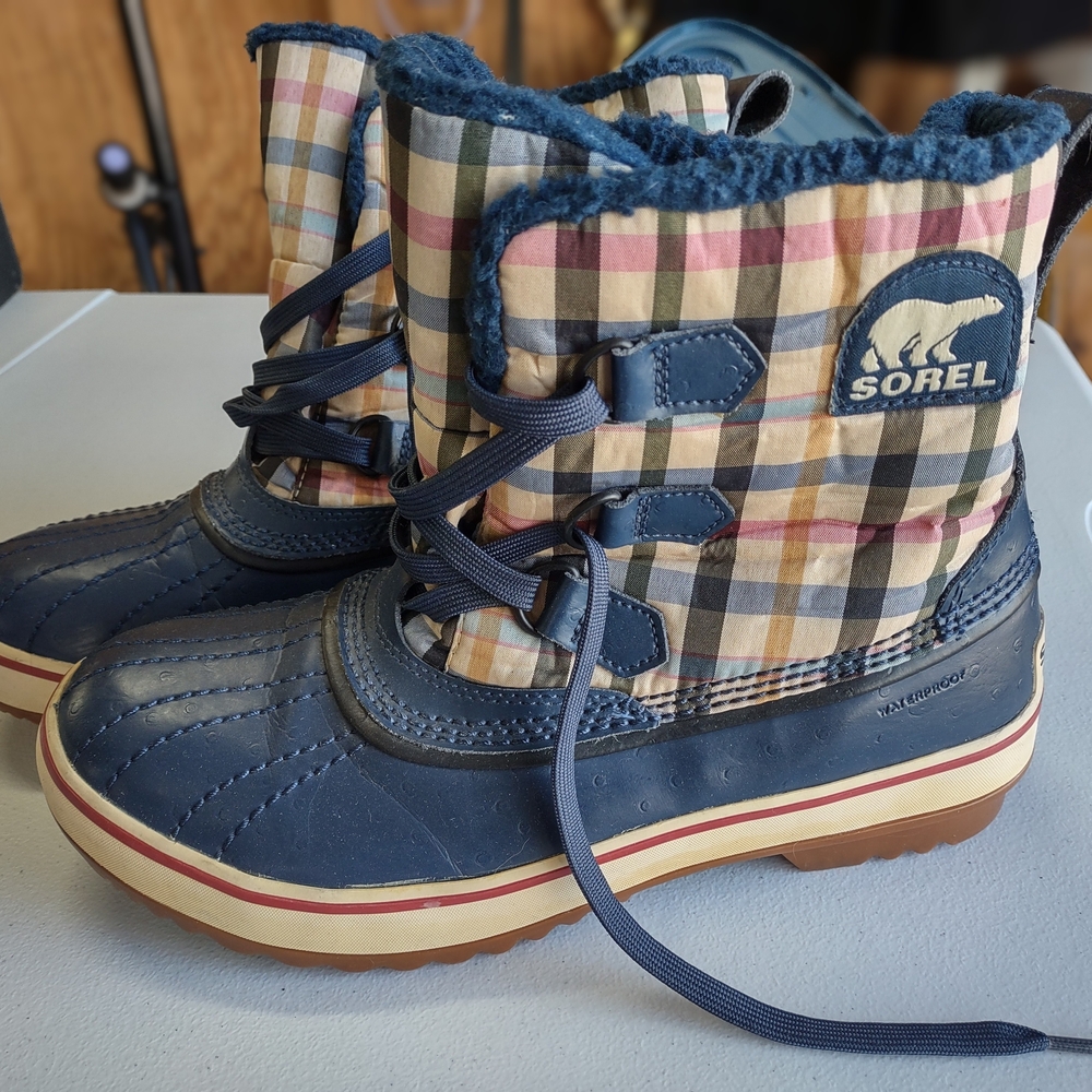 Sorel Women's Tivoli Plaid Checkered Waterproof Winter Rain Boots - Navy and Tan